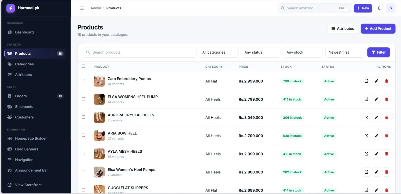 Harmaal.pk admin product list with categories, prices, variants, stock levels and status for each product.