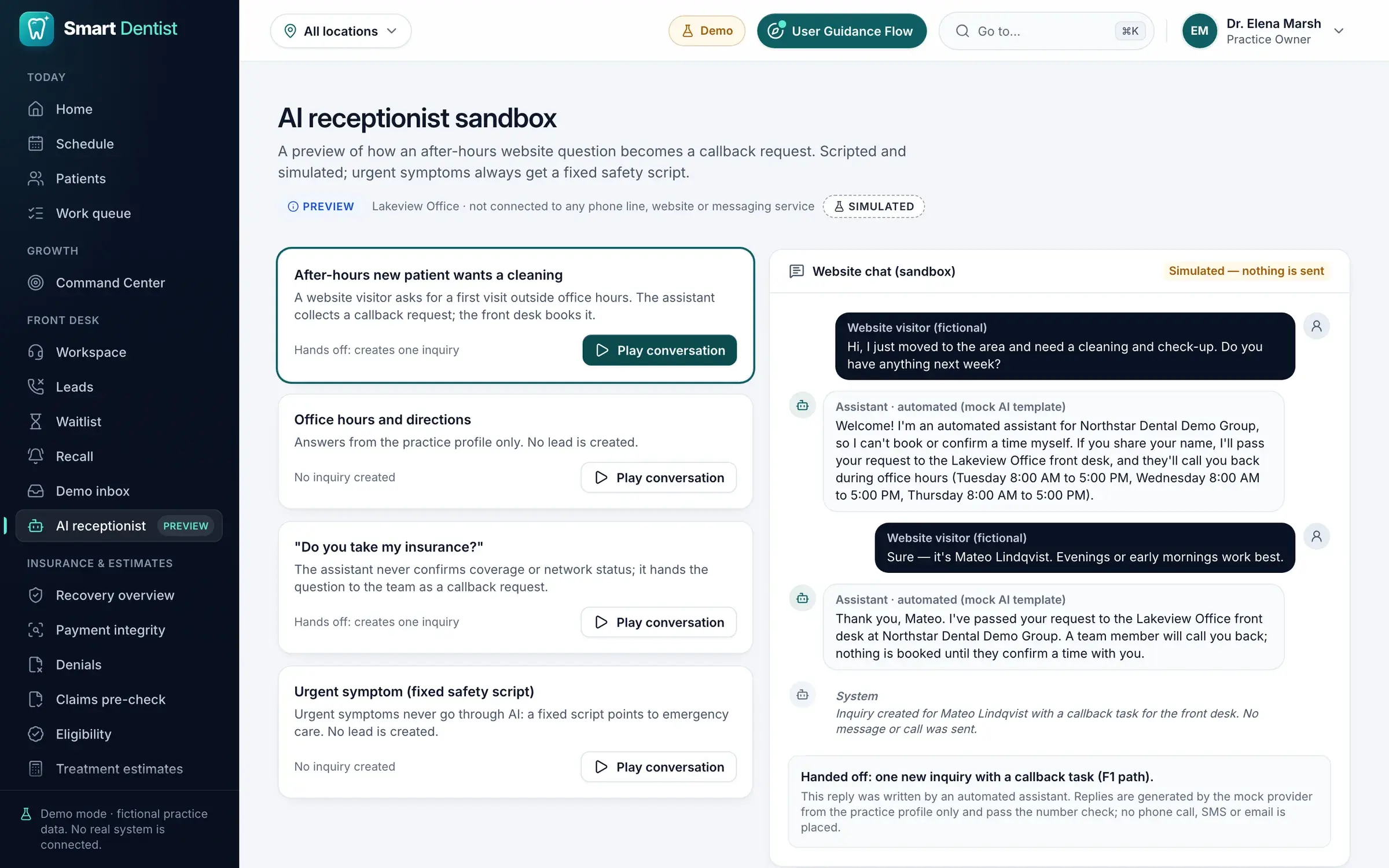 The AI receptionist preview: scripted scenarios beside a simulated website chat in which an after-hours request becomes a callback task.