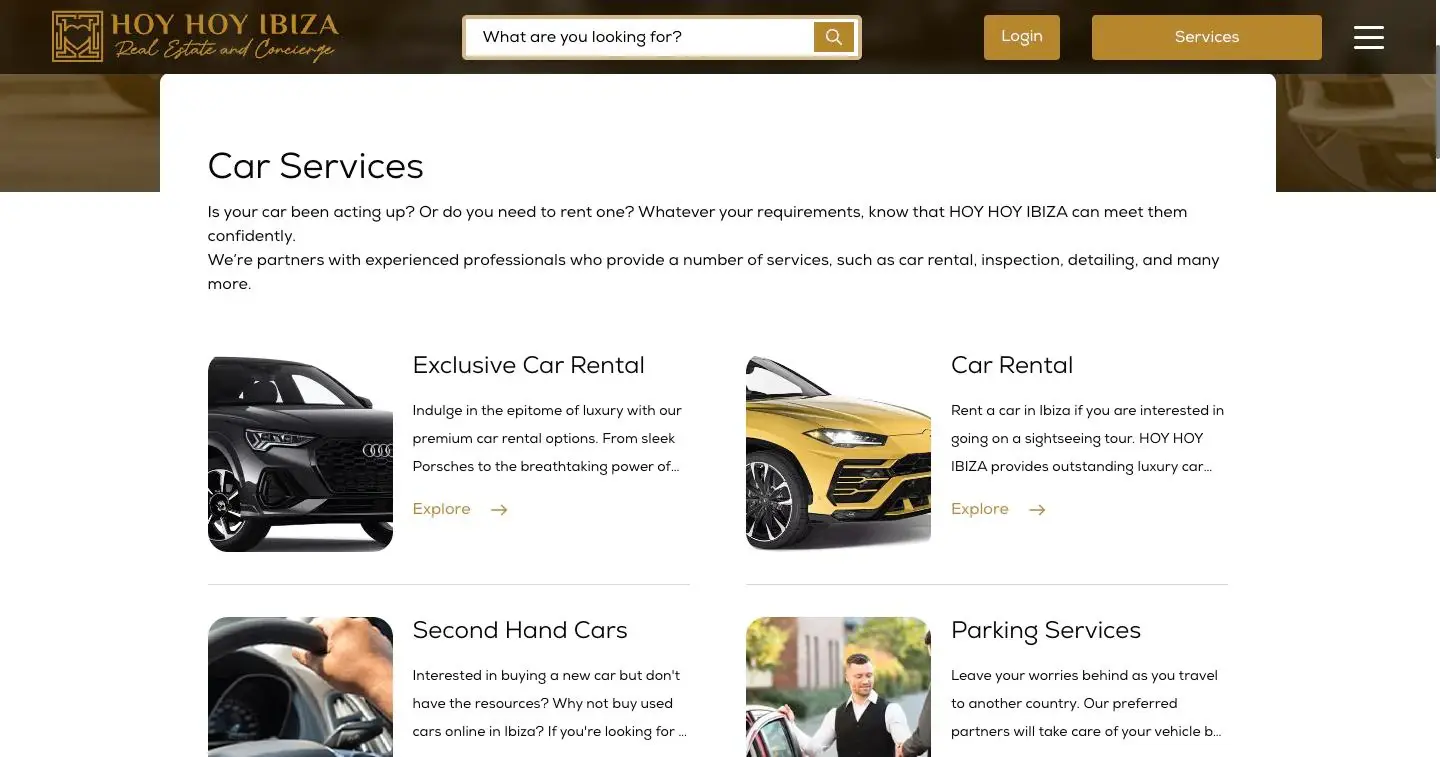 HOY HOY IBIZA car services page with exclusive car rental, car rental, second-hand cars and parking services.