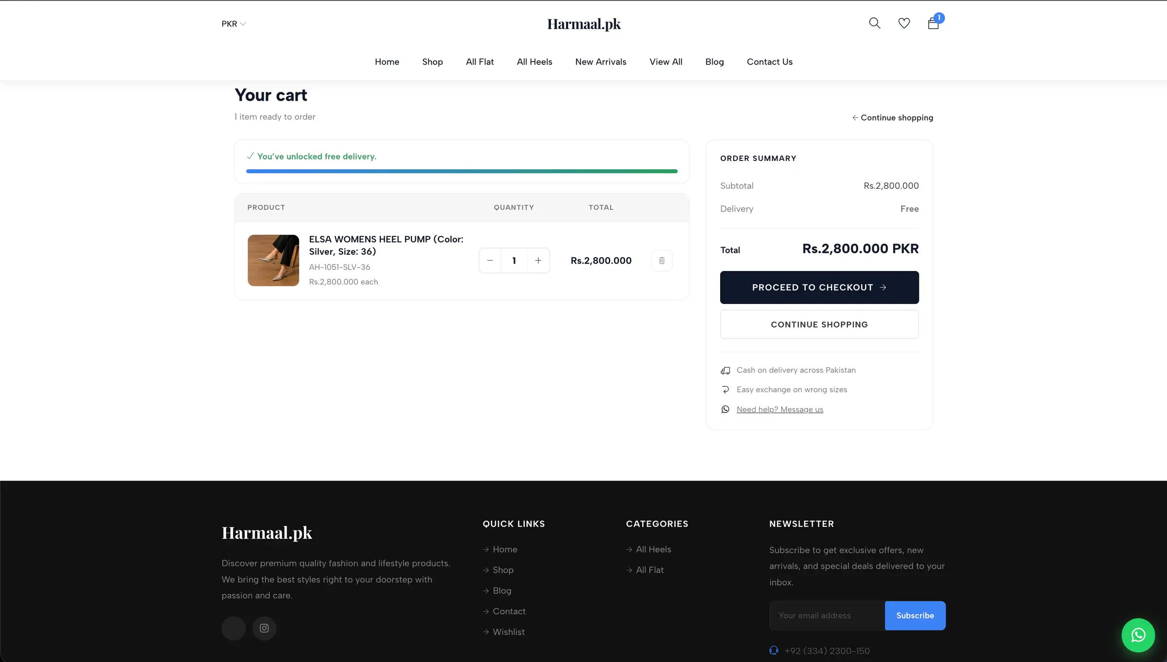 Harmaal.pk cart with a free-delivery progress bar, a product line, the order summary and the checkout button.