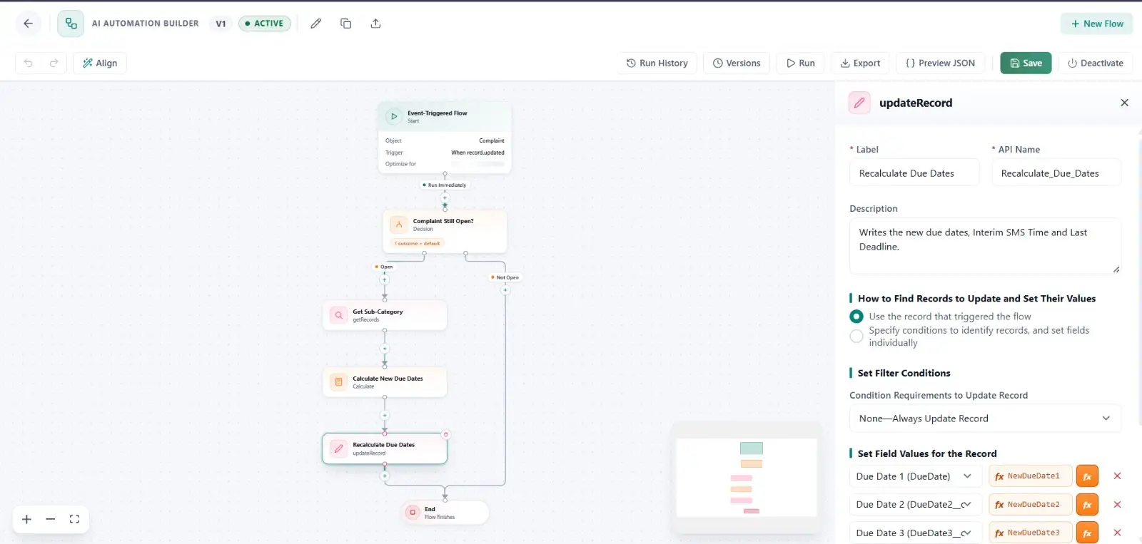 A flow step that recalculates due dates, with the panel setting new due-date fields on the record.