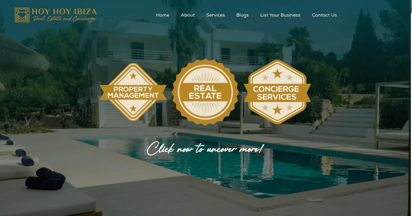 HOY HOY IBIZA homepage: a villa pool at dusk with badges for property management, real estate and concierge services.