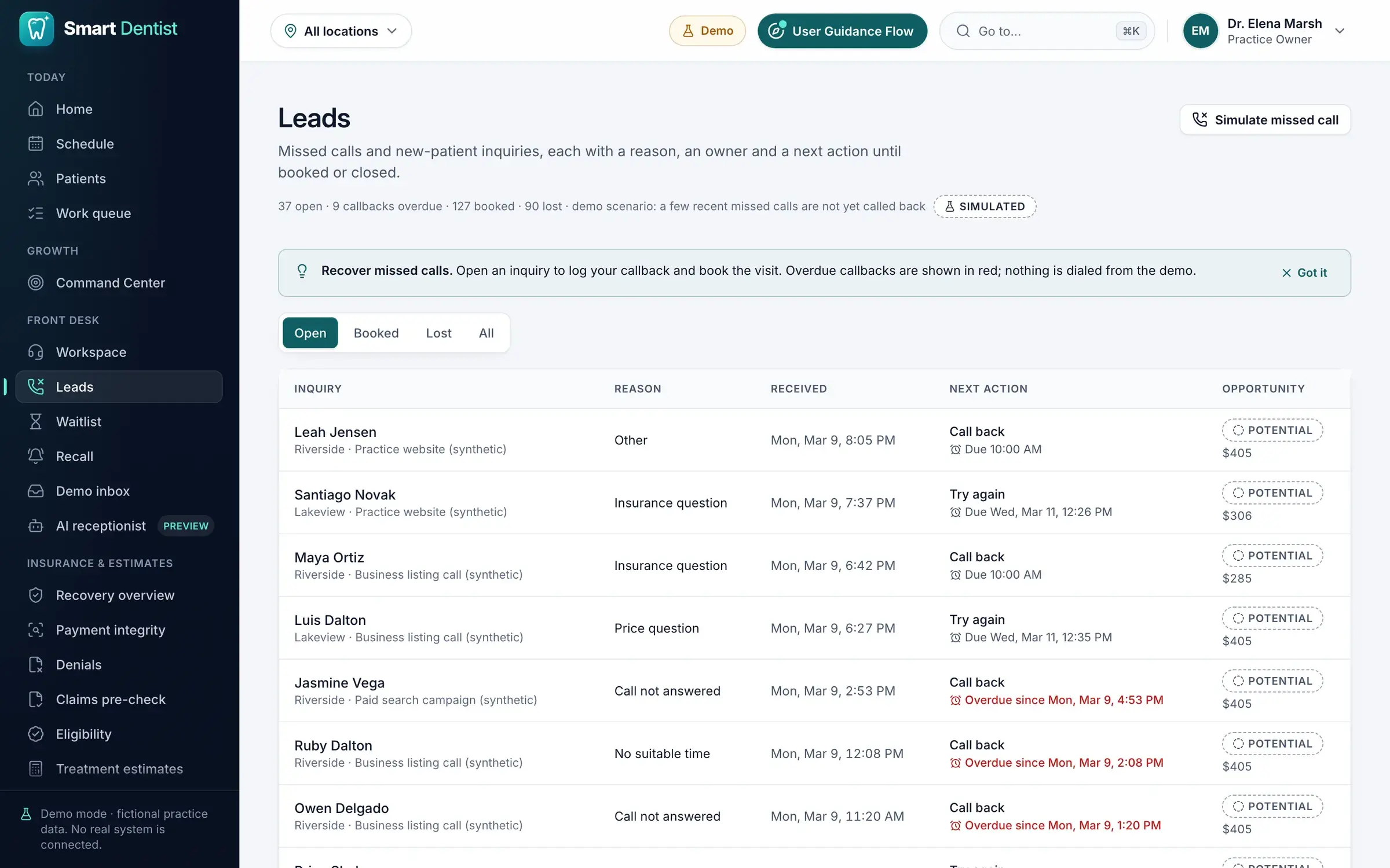 Leads: missed calls and new-patient inquiries with their reason, when they arrived, the next action and overdue callbacks.