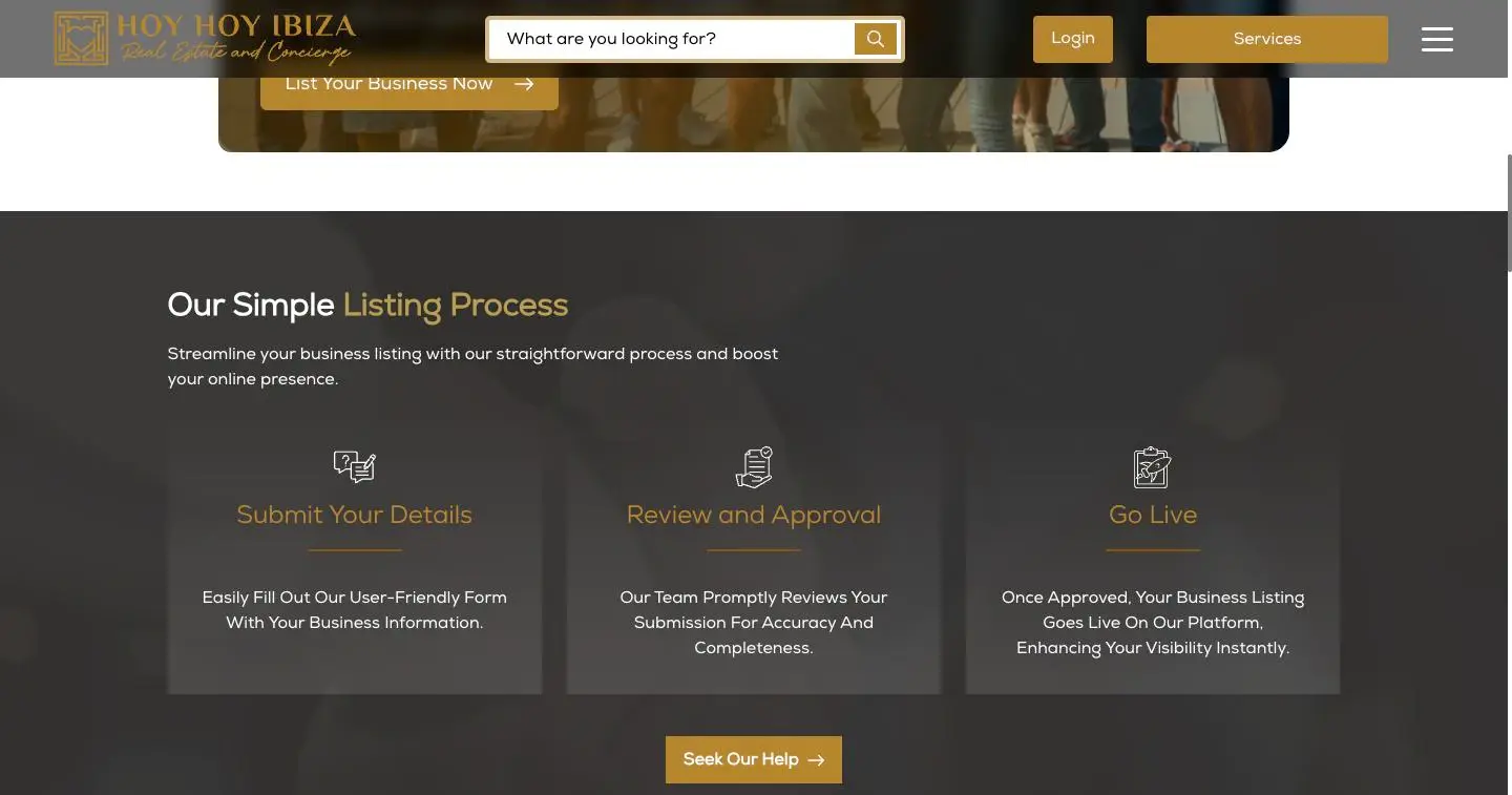 HOY HOY IBIZA listing process: submit your details, review and approval, go live.