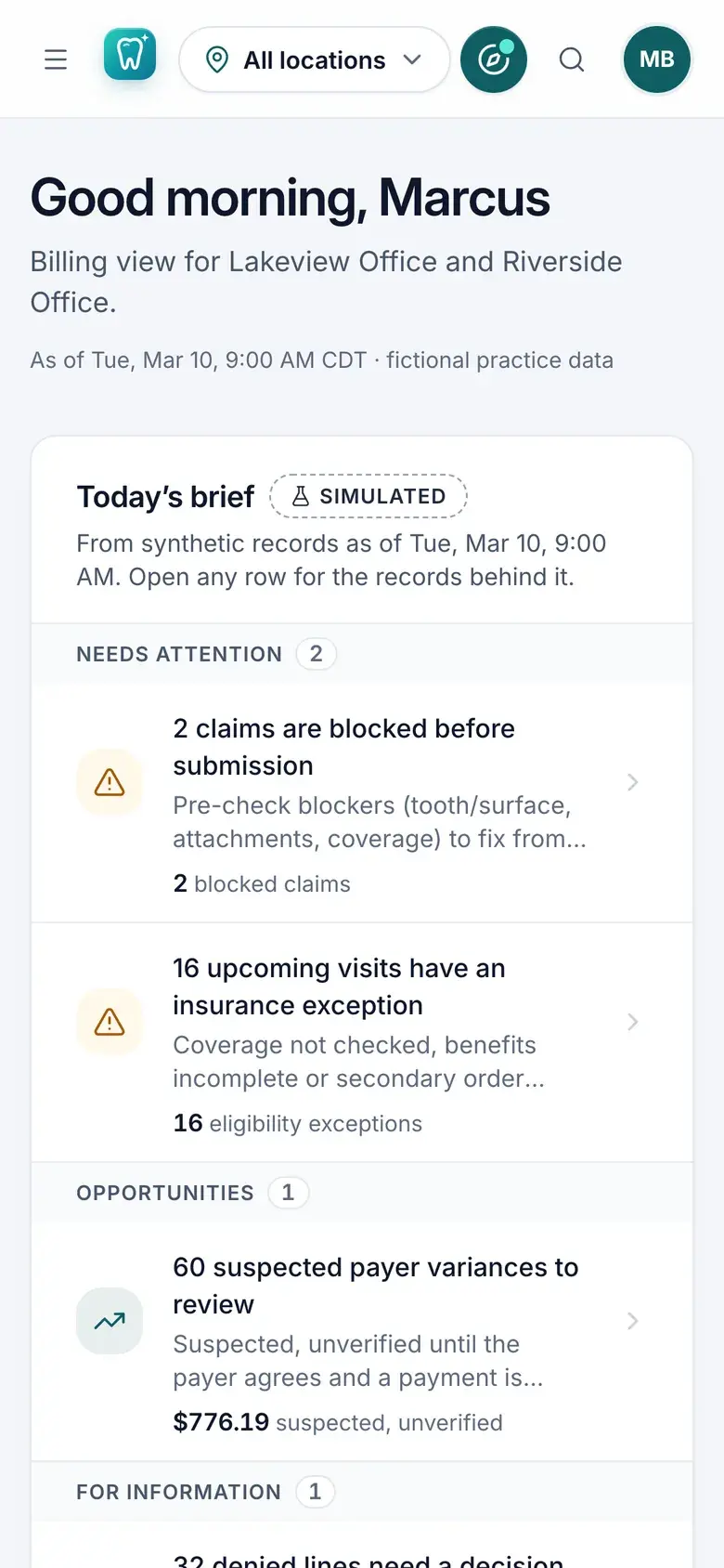 Smart Dentist on a phone for the billing coordinator: today’s brief with blocked claims, eligibility exceptions and suspected payer variances.
