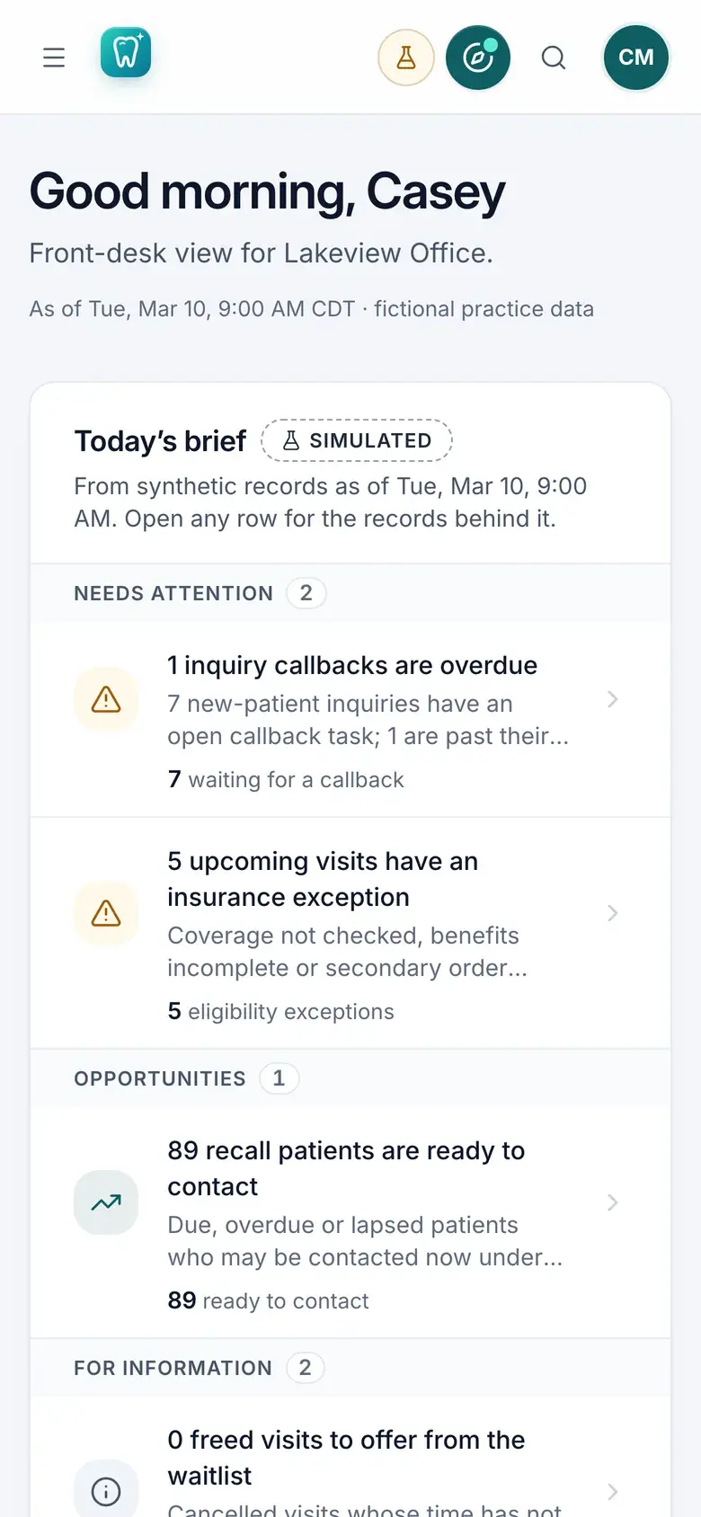 Smart Dentist on a phone for the front desk: today’s brief with overdue callbacks, insurance exceptions and patients ready for recall.
