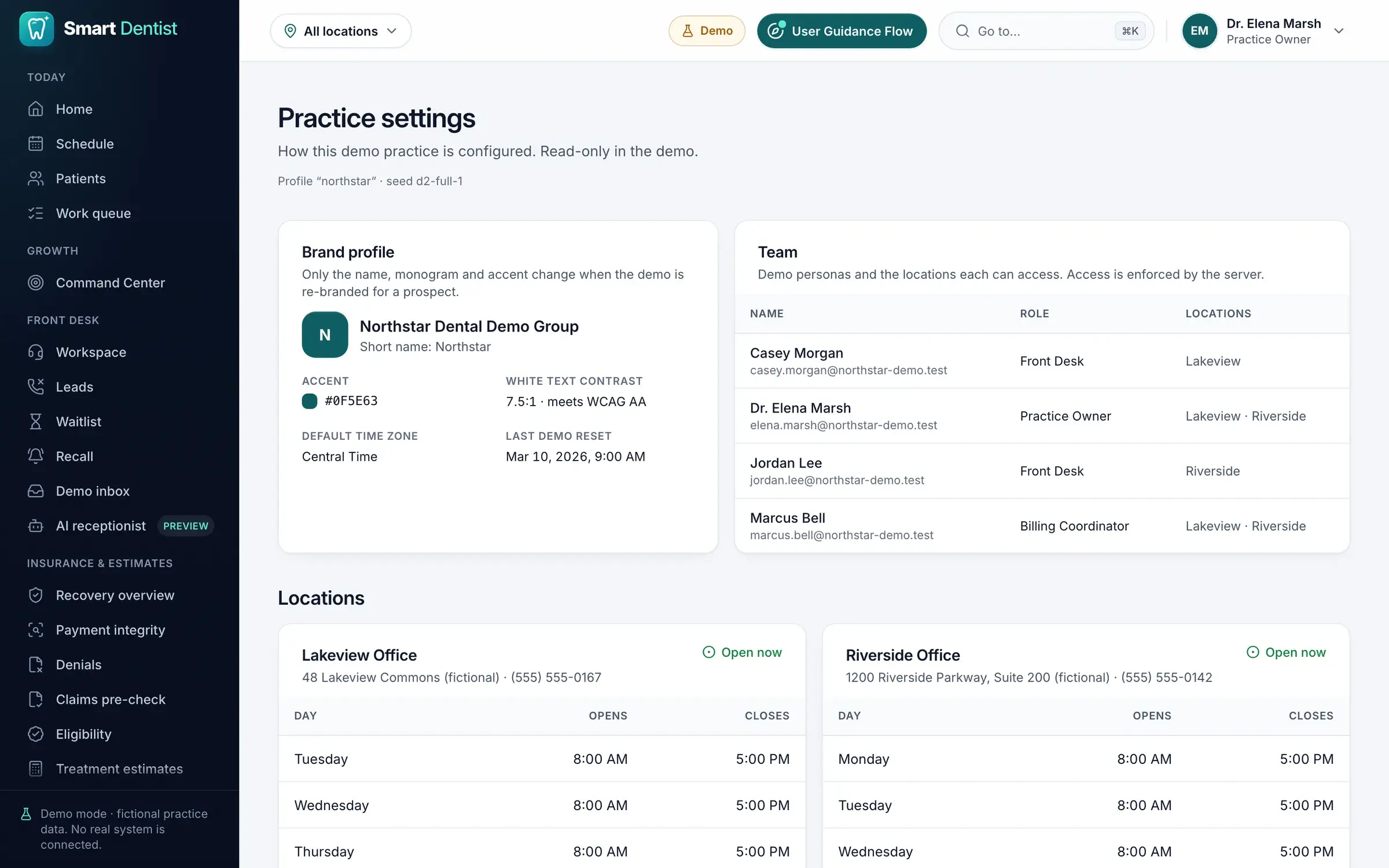 Practice settings: the brand profile, the team with their roles and locations, and the opening hours of two offices.