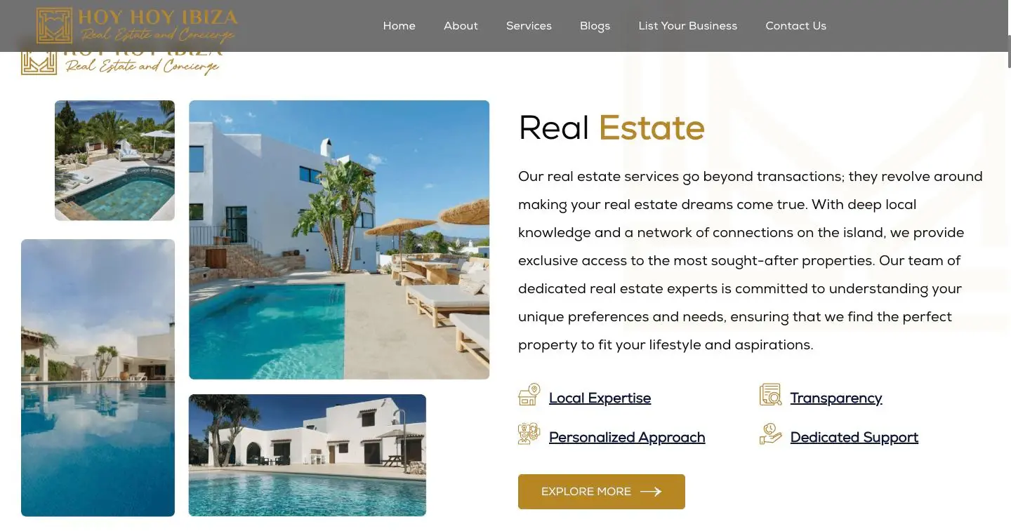 HOY HOY IBIZA real estate section with villa photography and the service’s promises.