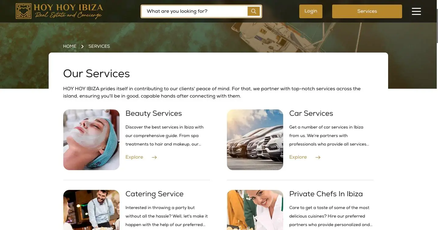 HOY HOY IBIZA services directory with beauty, car, catering and private chef services.
