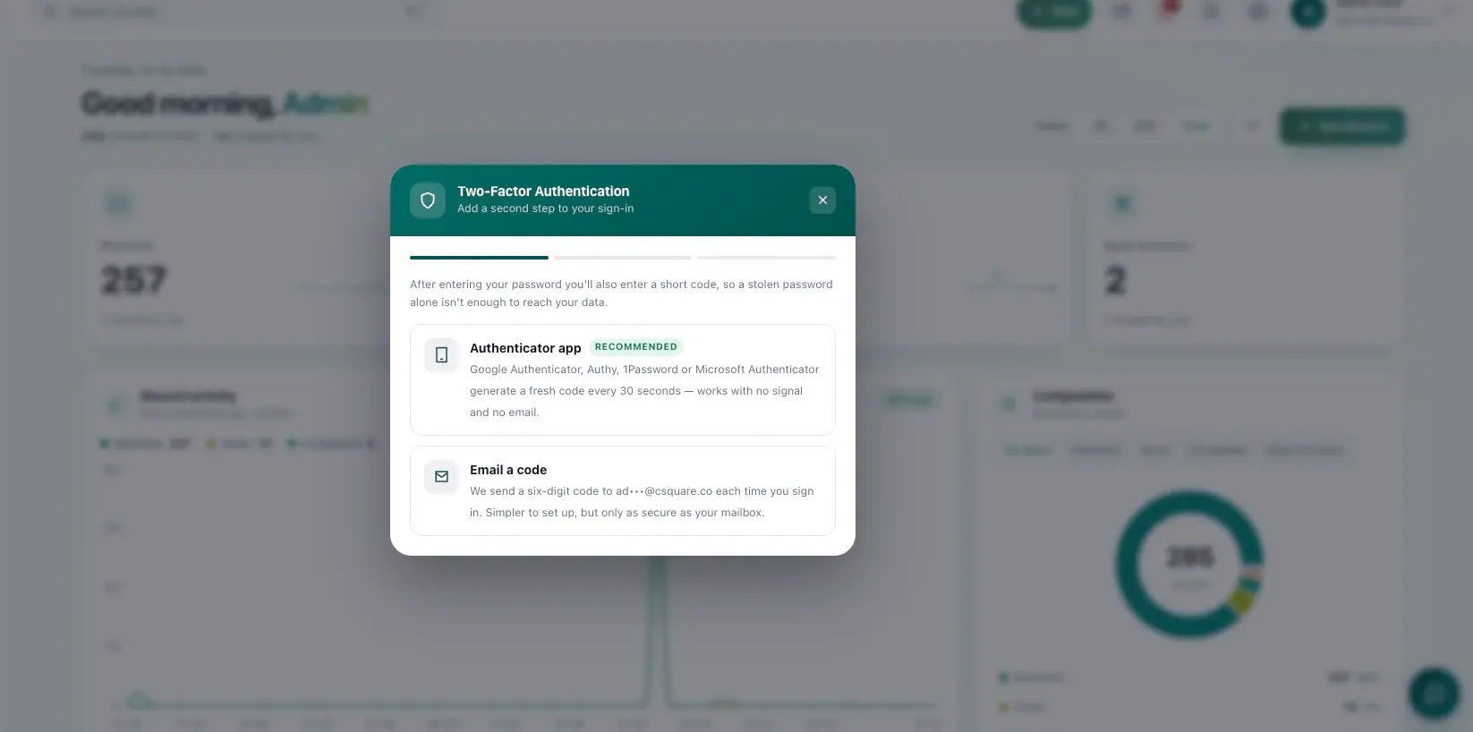 Two-factor authentication dialog offering an authenticator app or an emailed code, over the CRM dashboard.